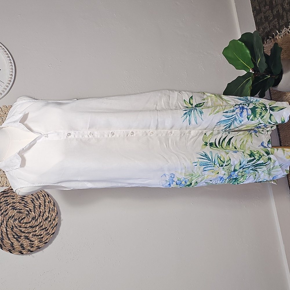 Tommy Bahama White 100% Linen Button Up Shift Dress Womens L Tropical Floral EUC - Picture 10 of 12